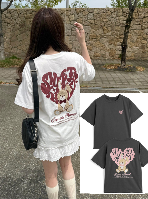 <預訂> JP 心型logo印花兔子刺繡Tee | 兩色入