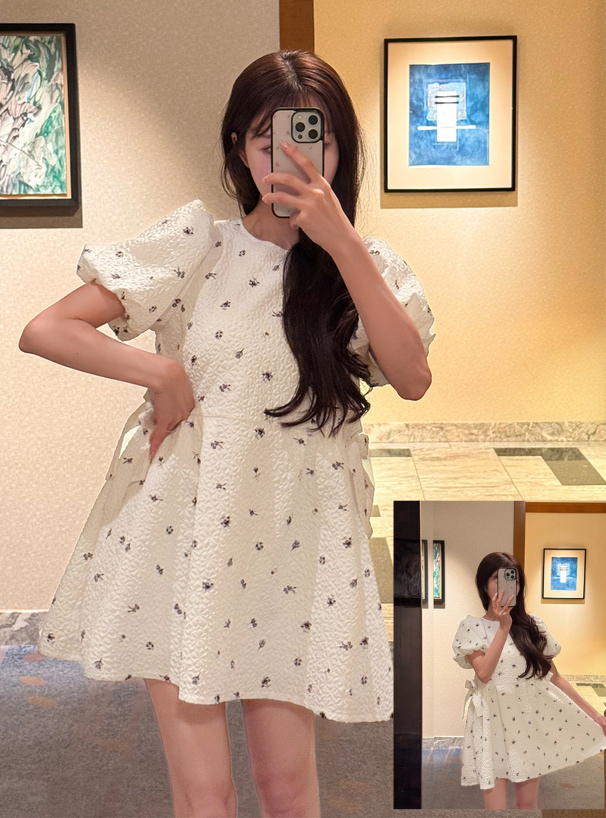 <預訂> JP 小碎花提花側邊緞帶連身裙Ops (內有打底)