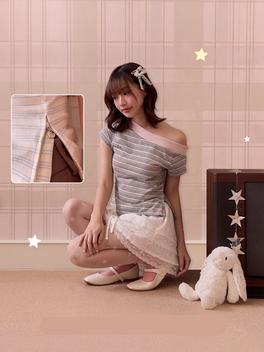 <預訂> 泰國小眾品牌🇹🇭 單肩心形條紋上衣｜兩色入