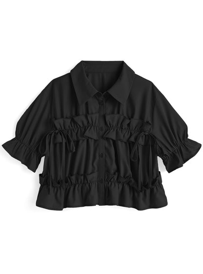 <預訂> JP蝴蝶結ruffle荷葉邊襯衫｜三色入