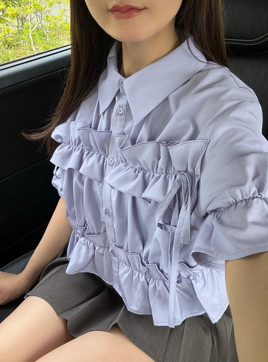 <預訂> JP蝴蝶結ruffle荷葉邊襯衫｜三色入