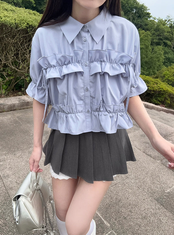 <預訂> JP蝴蝶結ruffle荷葉邊襯衫｜三色入