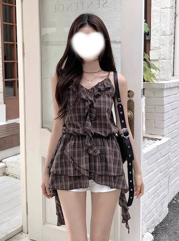 <預訂> JP 格仔不規則荷葉邊吊帶背心上衣 | 兩色入