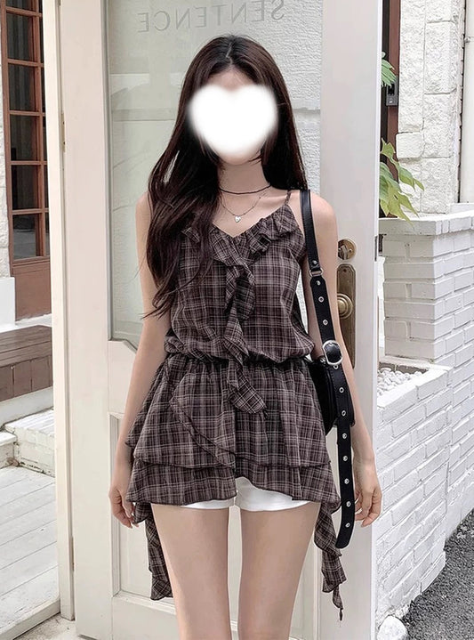 <預訂> JP 格仔不規則荷葉邊吊帶背心上衣 | 兩色入