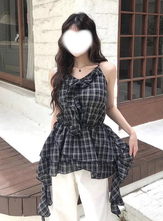 <預訂> JP 格仔不規則荷葉邊吊帶背心上衣 | 兩色入
