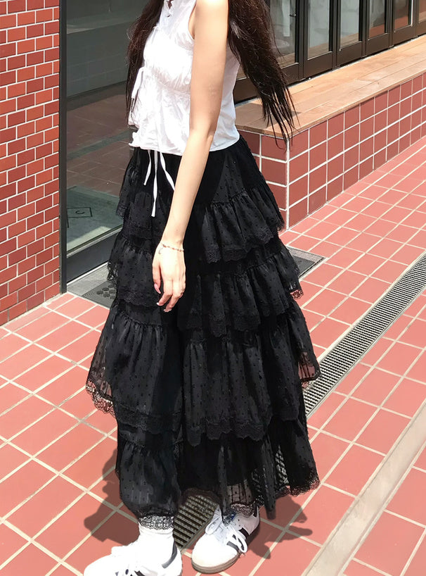<預訂> JP 多比圓點蕾絲層疊半身長裙 | 兩色入