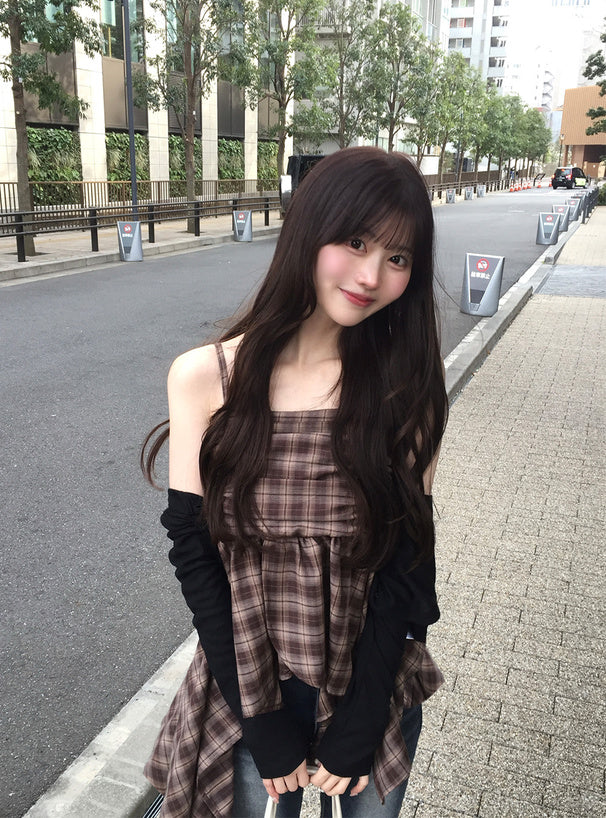 <預訂> JP 格子褶皺不規則下擺束腰背心上衣 | 兩色入