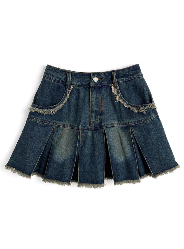 <預訂> JP 牛仔流蘇百褶半身短裙(內有打底) | 兩色入