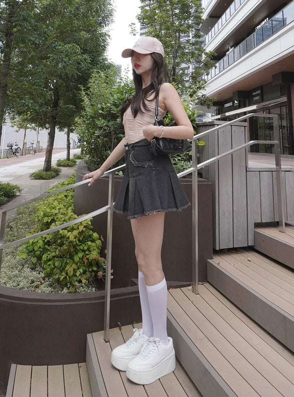 <預訂> JP 牛仔流蘇百褶半身短裙(內有打底) | 兩色入