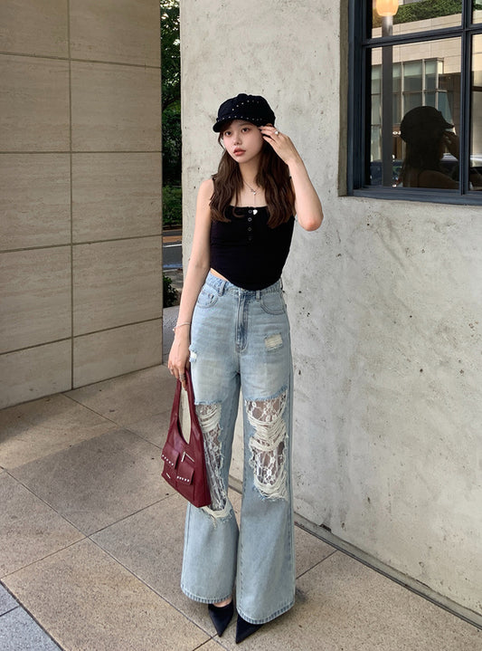 <預訂> JP 小個子蕾絲破洞牛仔長褲