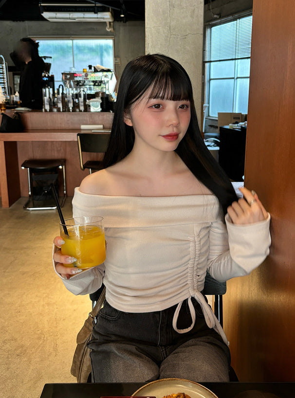 <預訂> JP 抽繩蝴蝶結喇叭袖露肩上衣｜三色入