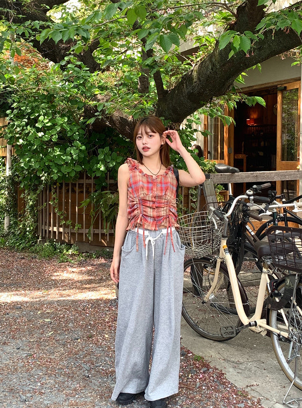 <預訂> JP 田園風雙向褶皺緞帶格紋圖案上衣