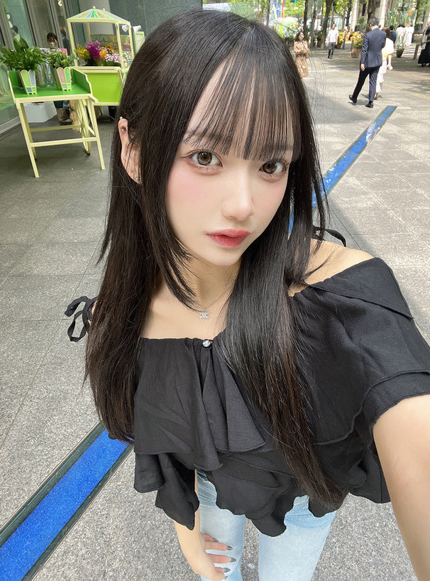 <預訂> JP 蝴蝶結吊帶荷葉邊露肩襯衫｜七色入