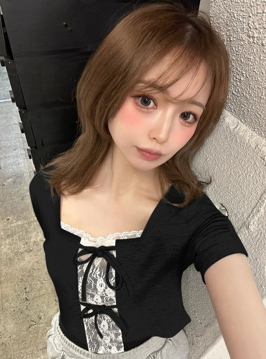 <預訂> JP 蕾絲緞帶對接短袖上衣｜三色入