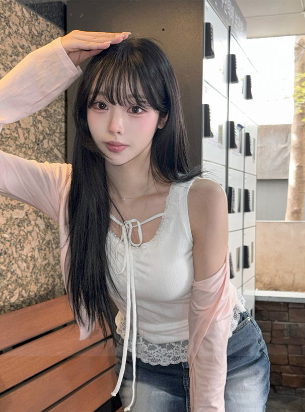 <預訂> JP 波點蕾絲吊帶背心+短外套兩件套套裝 (含可拆卸胸墊) | 兩色入