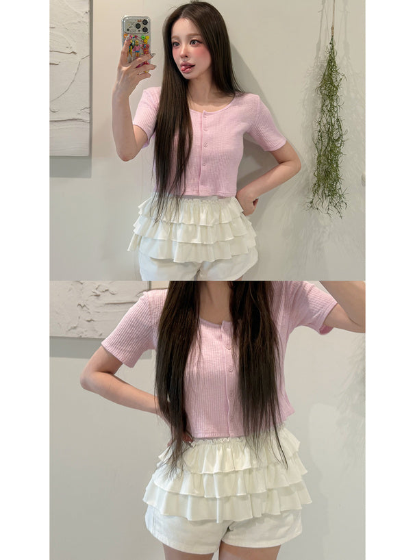<預訂> JP 蕾絲荷葉邊吊帶背心+羅紋開胸外套兩件套套裝 | 三色入