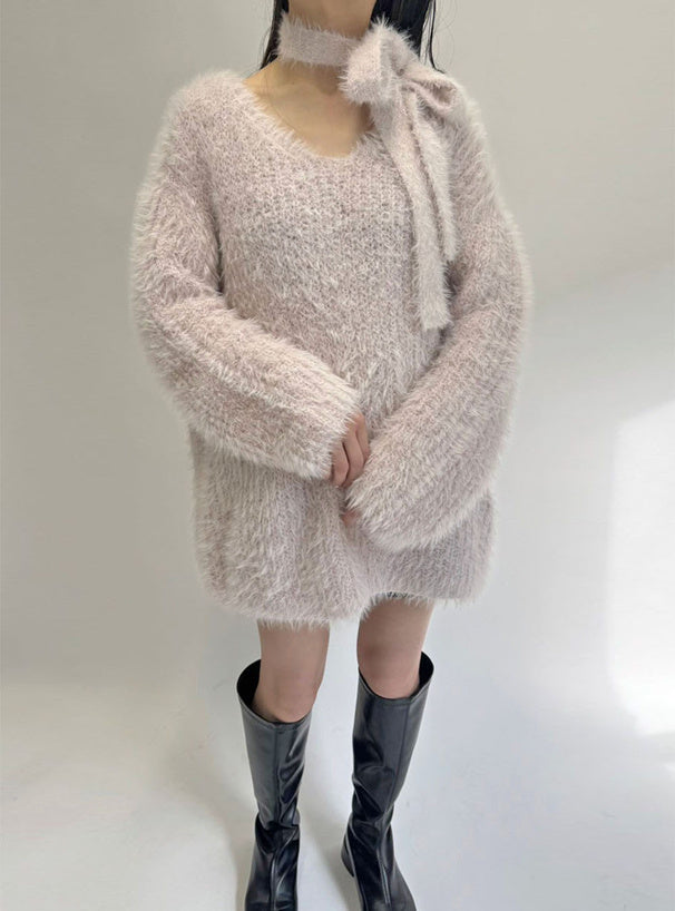 <預訂> 羽毛針織上衣+頸帶兩件套裝｜兩色入