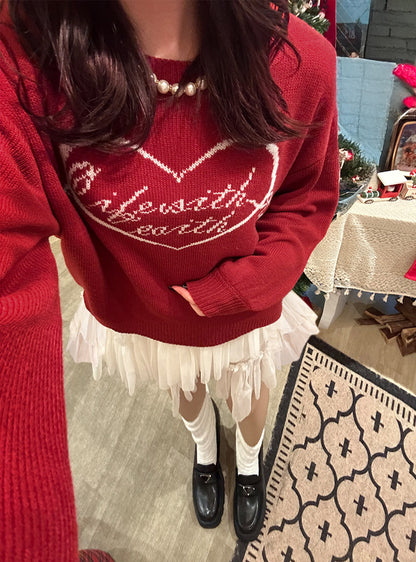 <預訂> 心型絲帶標誌提花針織上衣｜三色入