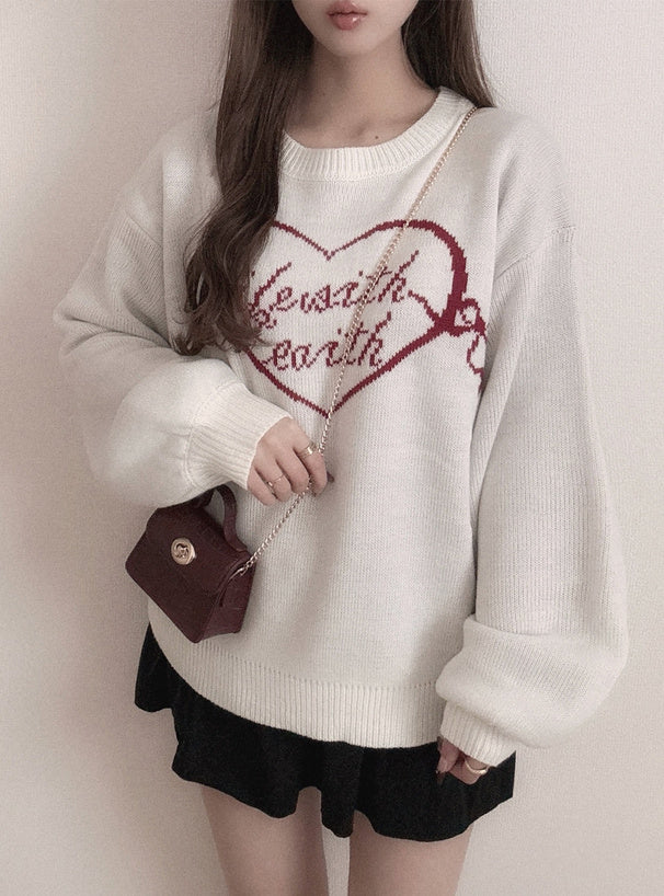 <預訂> 心型絲帶標誌提花針織上衣｜三色入