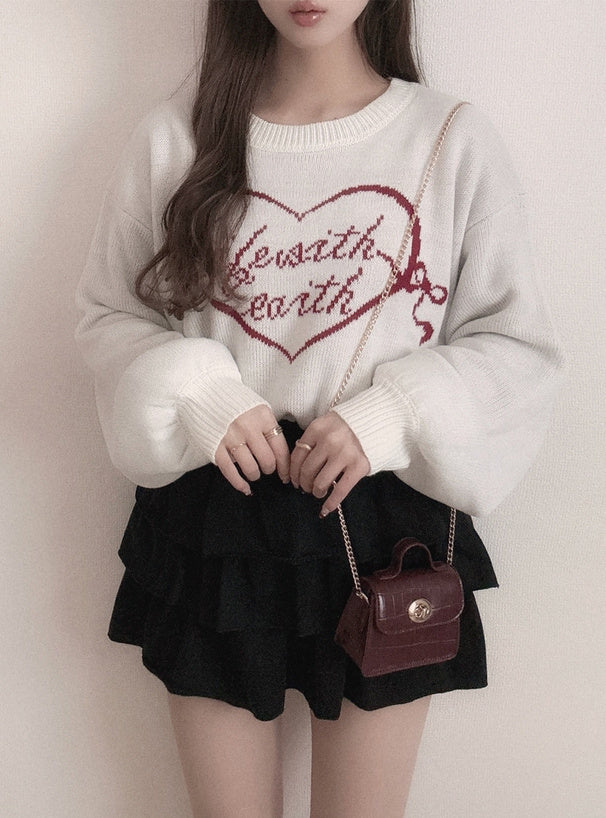 <預訂> 心型絲帶標誌提花針織上衣｜三色入