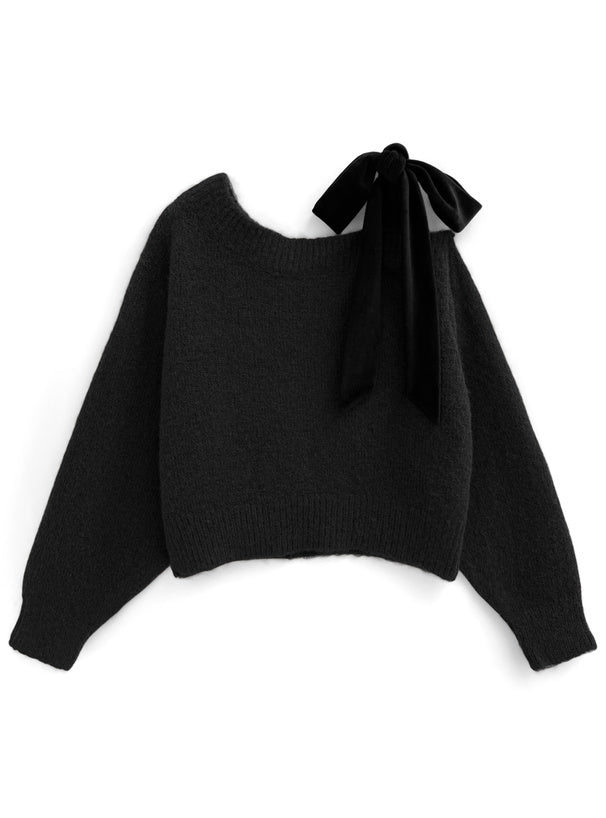 <預訂> 絲絨緞帶單肩針織上衣｜四色入