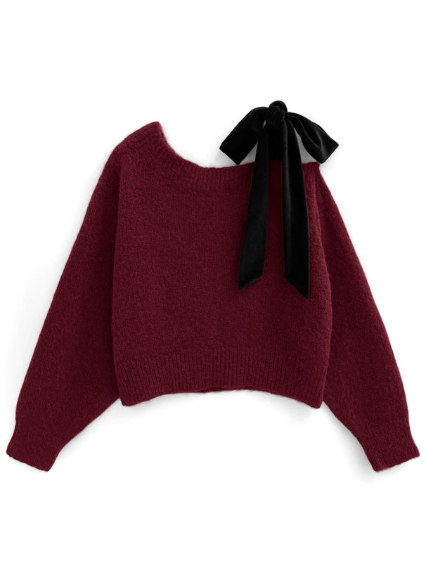 <預訂> 絲絨緞帶單肩針織上衣｜四色入