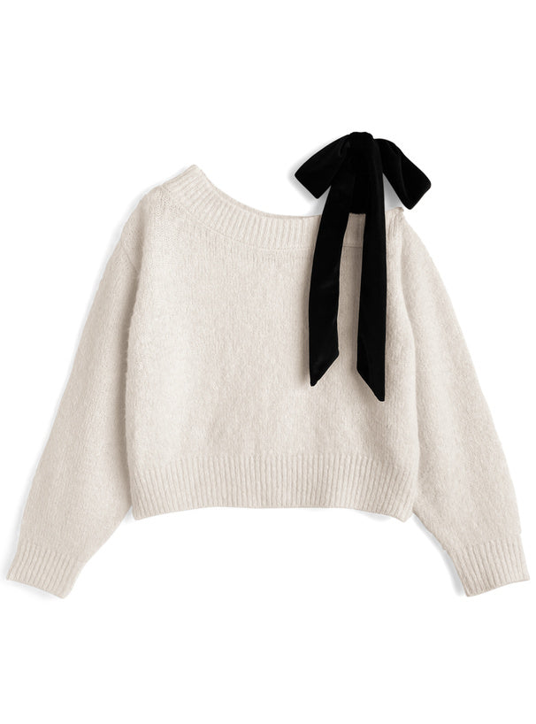 <預訂> 絲絨緞帶單肩針織上衣｜四色入