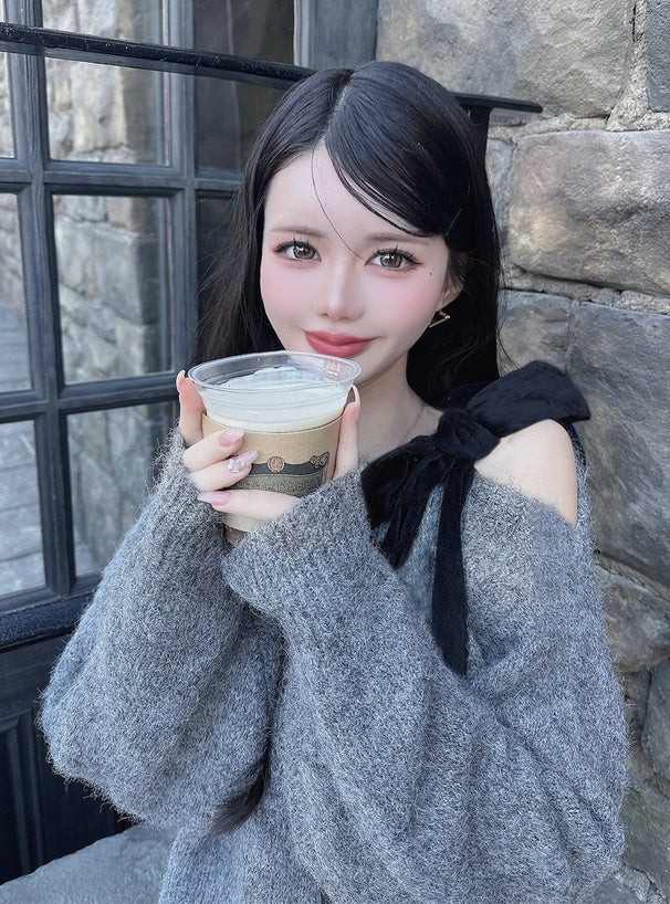 <預訂> 絲絨緞帶單肩針織上衣｜四色入