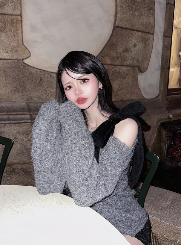 <預訂> 絲絨緞帶單肩針織上衣｜四色入