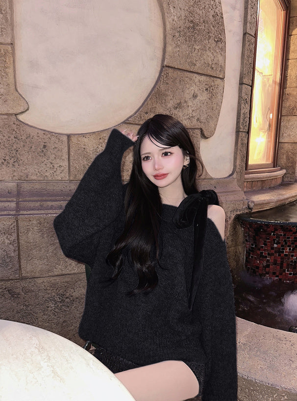 <預訂> 絲絨緞帶單肩針織上衣｜四色入