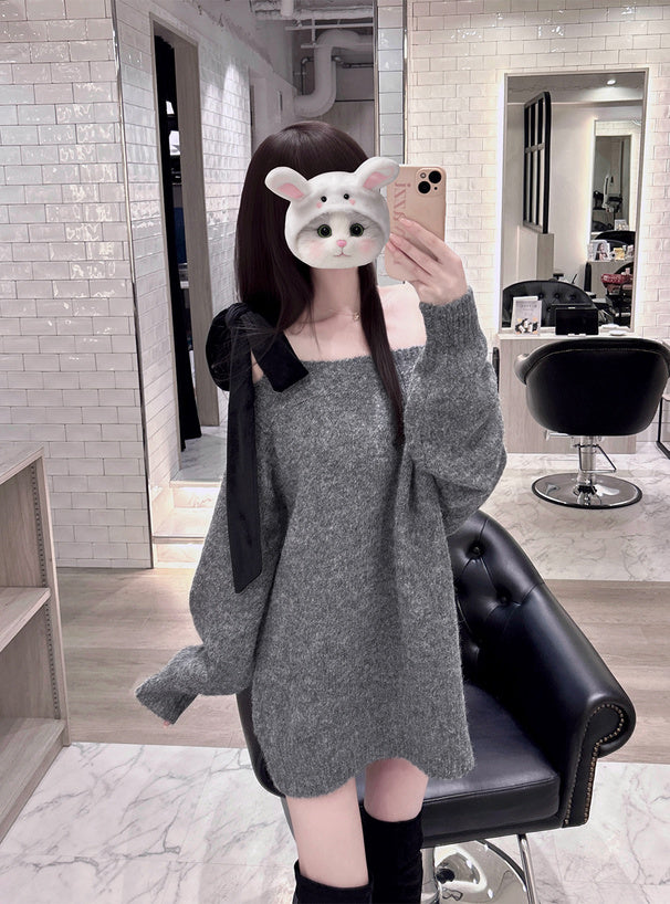 <預訂> JP 日本大人氣♡ 單肩天鵝絨絲帶針織迷你連身OPs裙｜四色入