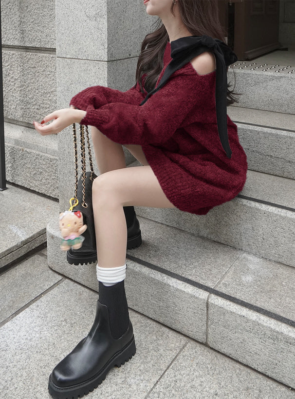 <預訂> JP 日本大人氣♡ 單肩天鵝絨絲帶針織迷你連身OPs裙｜四色入