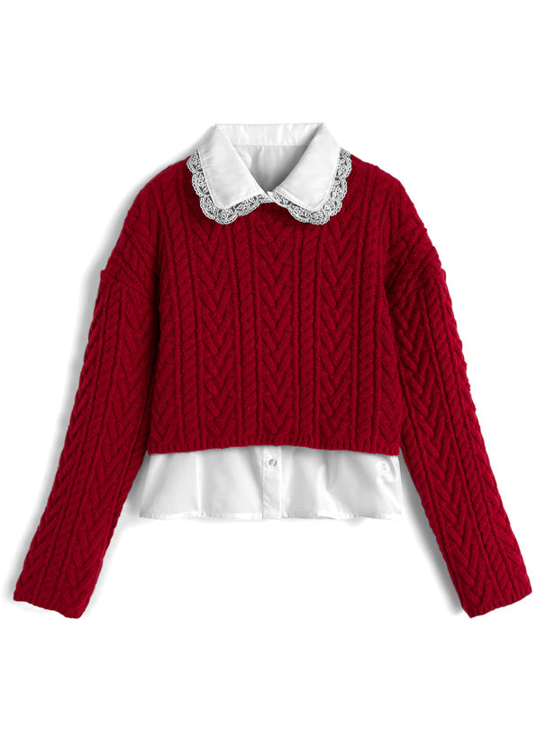 <預訂> 蕾絲領襯衫+麻花針織緞帶上衣兩件套裝｜三色入