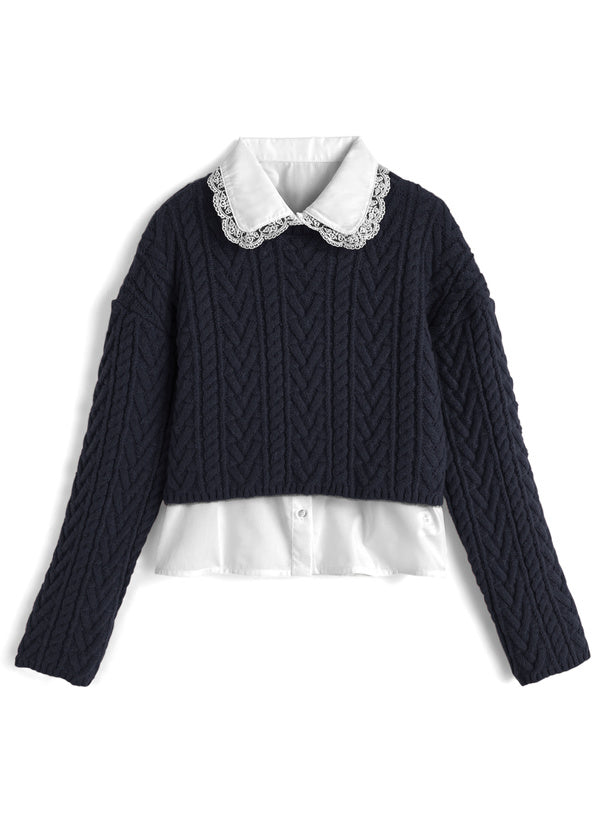 <預訂> 蕾絲領襯衫+麻花針織緞帶上衣兩件套裝｜三色入