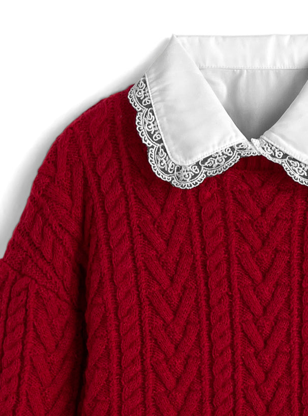 <預訂> 蕾絲領襯衫+麻花針織緞帶上衣兩件套裝｜三色入