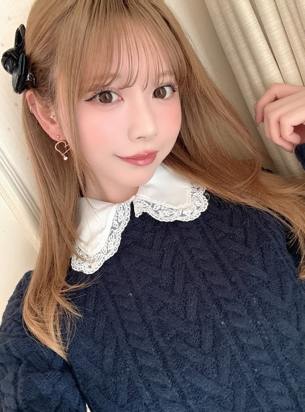 <預訂> 蕾絲領襯衫+麻花針織緞帶上衣兩件套裝｜三色入