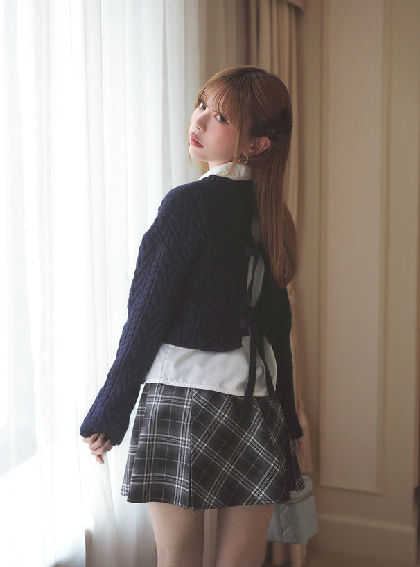 <預訂> 蕾絲領襯衫+麻花針織緞帶上衣兩件套裝｜三色入