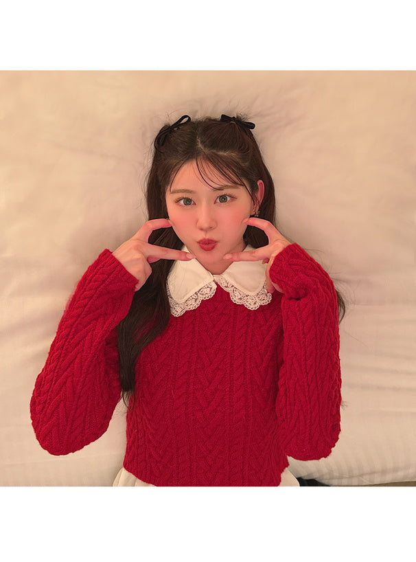 <預訂> 蕾絲領襯衫+麻花針織緞帶上衣兩件套裝｜三色入