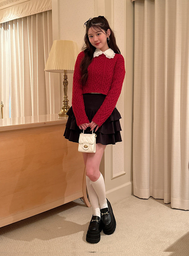 <預訂> 蕾絲領襯衫+麻花針織緞帶上衣兩件套裝｜三色入