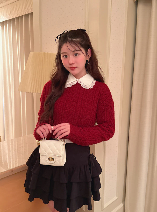 <預訂> 蕾絲領襯衫+麻花針織緞帶上衣兩件套裝｜三色入