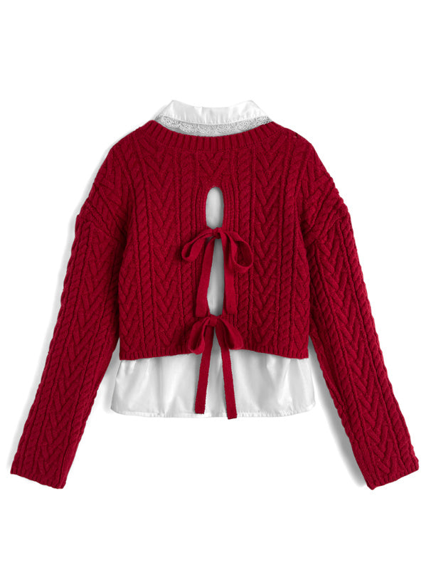 <預訂> 蕾絲領襯衫+麻花針織緞帶上衣兩件套裝｜三色入