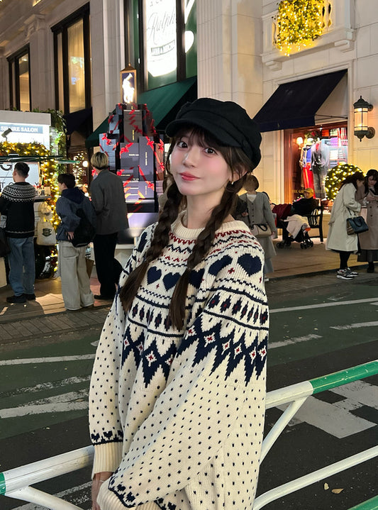 <預訂> 同心心型印花提花針織上衣｜三色入