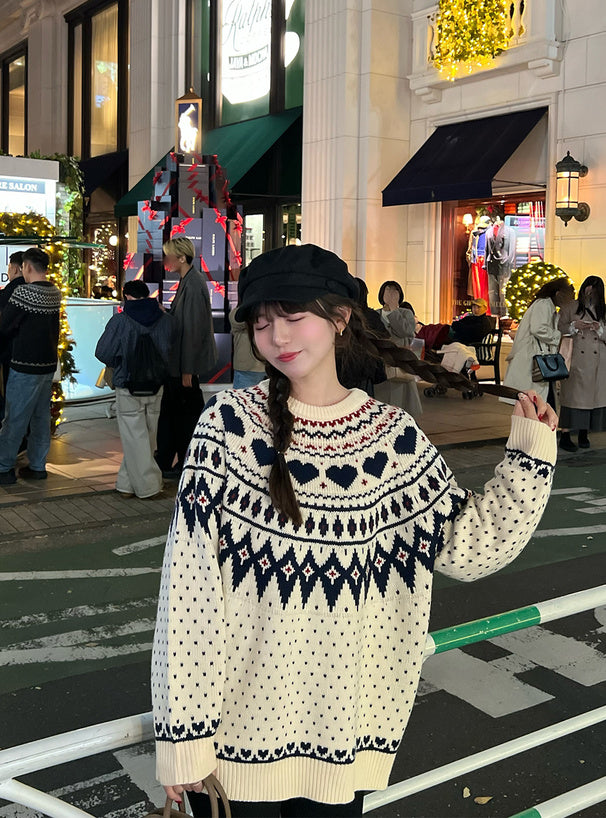 <預訂> 同心心型印花提花針織上衣｜三色入