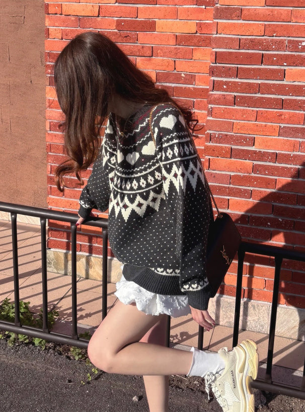 <預訂> 同心心型印花提花針織上衣｜三色入