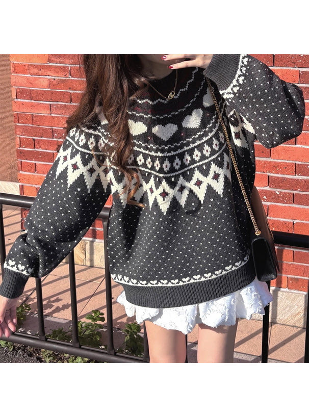 <預訂> 同心心型印花提花針織上衣｜三色入