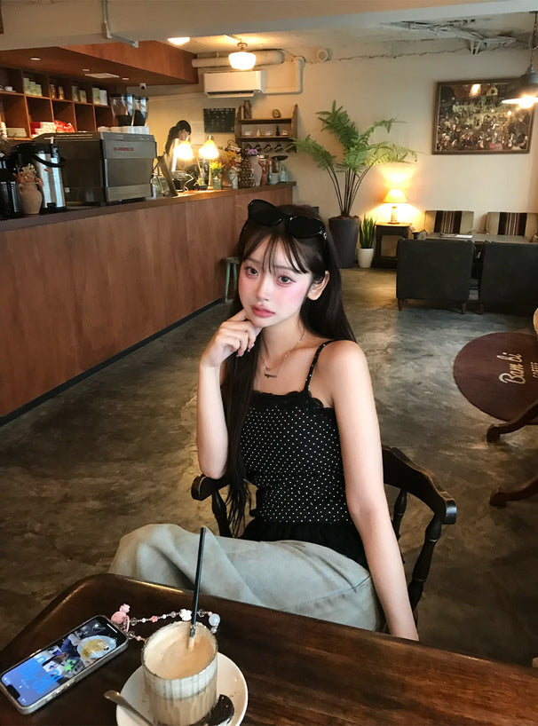 <預訂> JP 波點蕾絲荷葉邊吊帶背心 (含可拆卸胸墊) | 兩色入