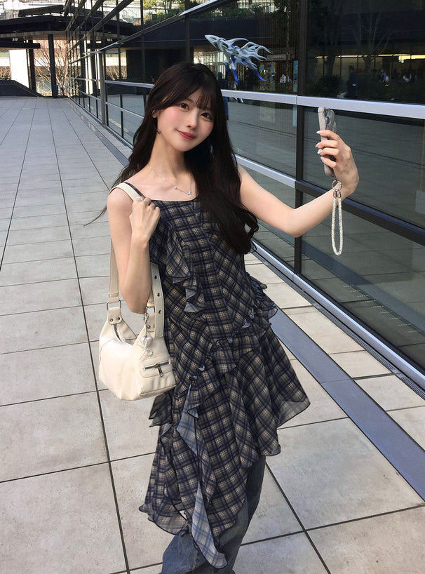 <預訂> JP 格紋不對稱吊帶背心Ops