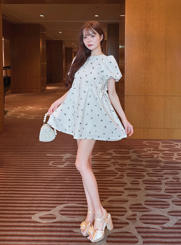 <預訂> JP 小碎花提花側邊緞帶連身裙Ops (內有打底)