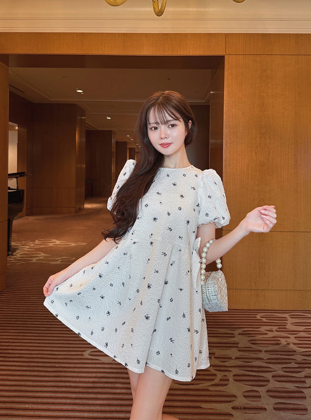 <預訂> JP 小碎花提花側邊緞帶連身裙Ops (內有打底)