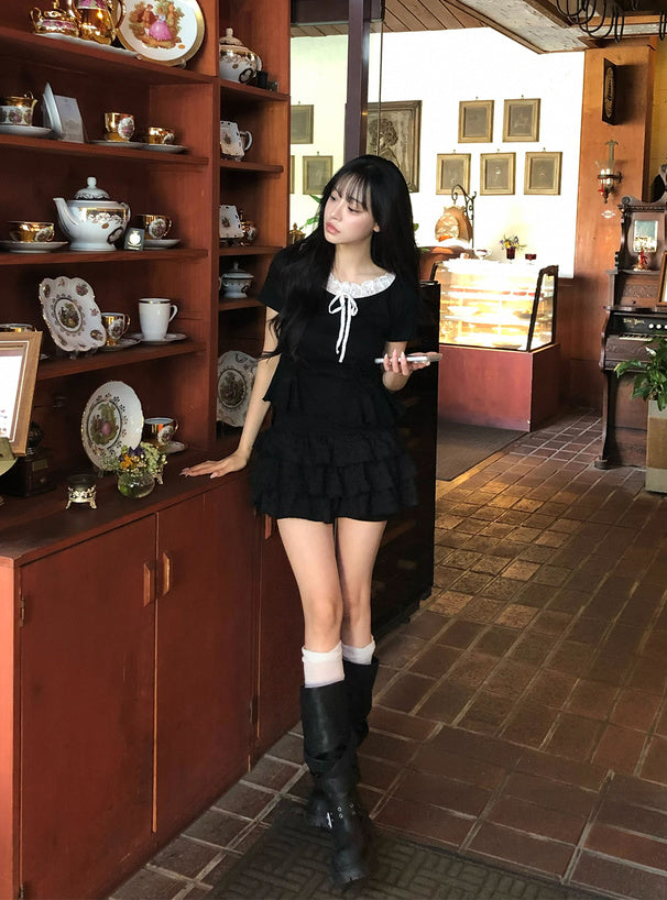 <預訂> JP 蕾絲層疊風格柔和荷葉邊拼接上衣 | 兩色入